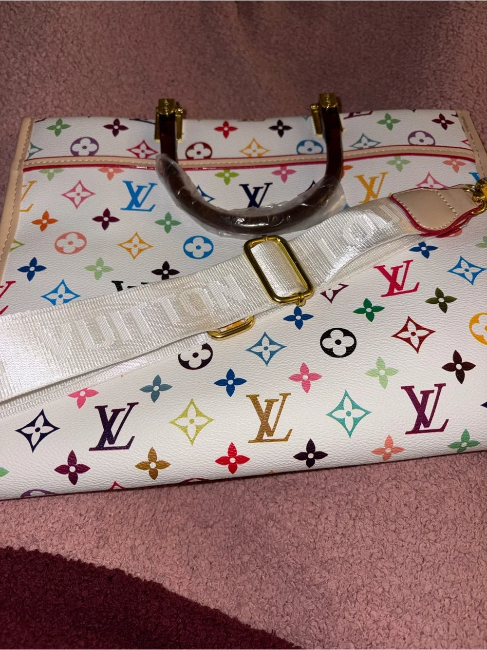Louis Vuitton Multicolor Monogram on White Canvas Tote with Vachetta Trim